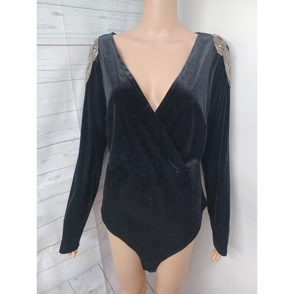 Forever 21 Body Suit Size 1X Black Velvet Silver Beaded V-Neck